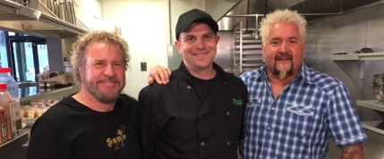 Sammy Hagar, Tim Burke and Guy Fieri hanging out in the kitchen